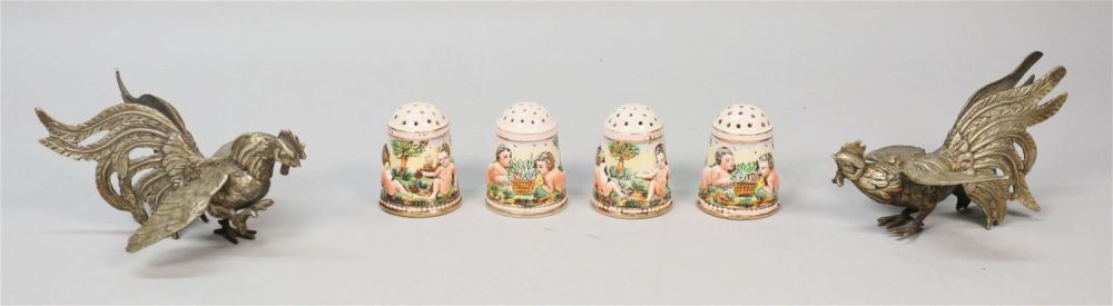 Lot 300: 2 Metal Roosters and 4 Pottery Salt Shakers
