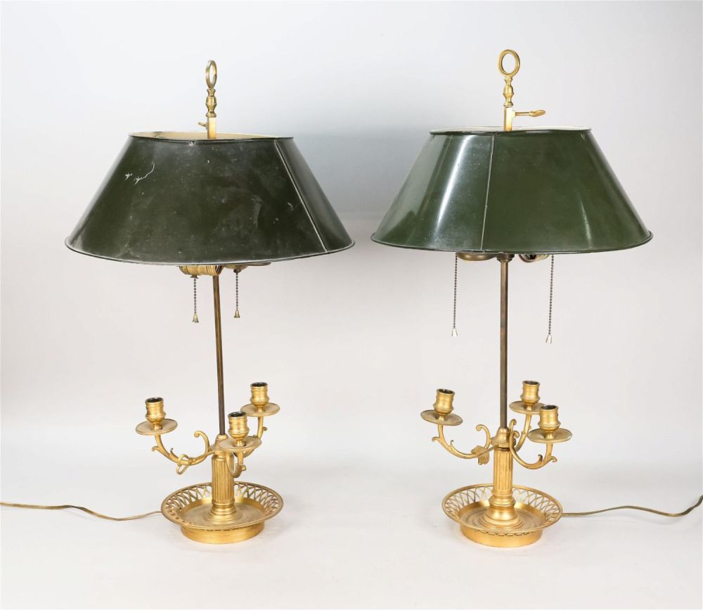 Lot 350: Pair Brass Bouillotte Lamps With Tole Shades