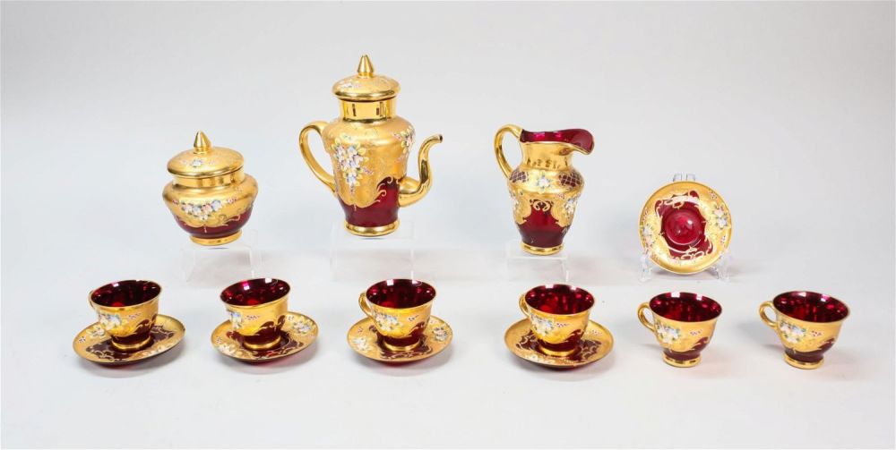 Lot 399: 14 Piece Bohemian Glass Tea Set