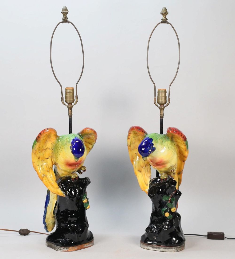 Lot 306: Pair of Italian Majolica Parrot Lamps