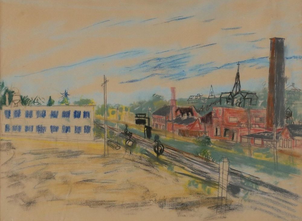 Lot 331: Philip Evergood Pastel Factory Town Landscape