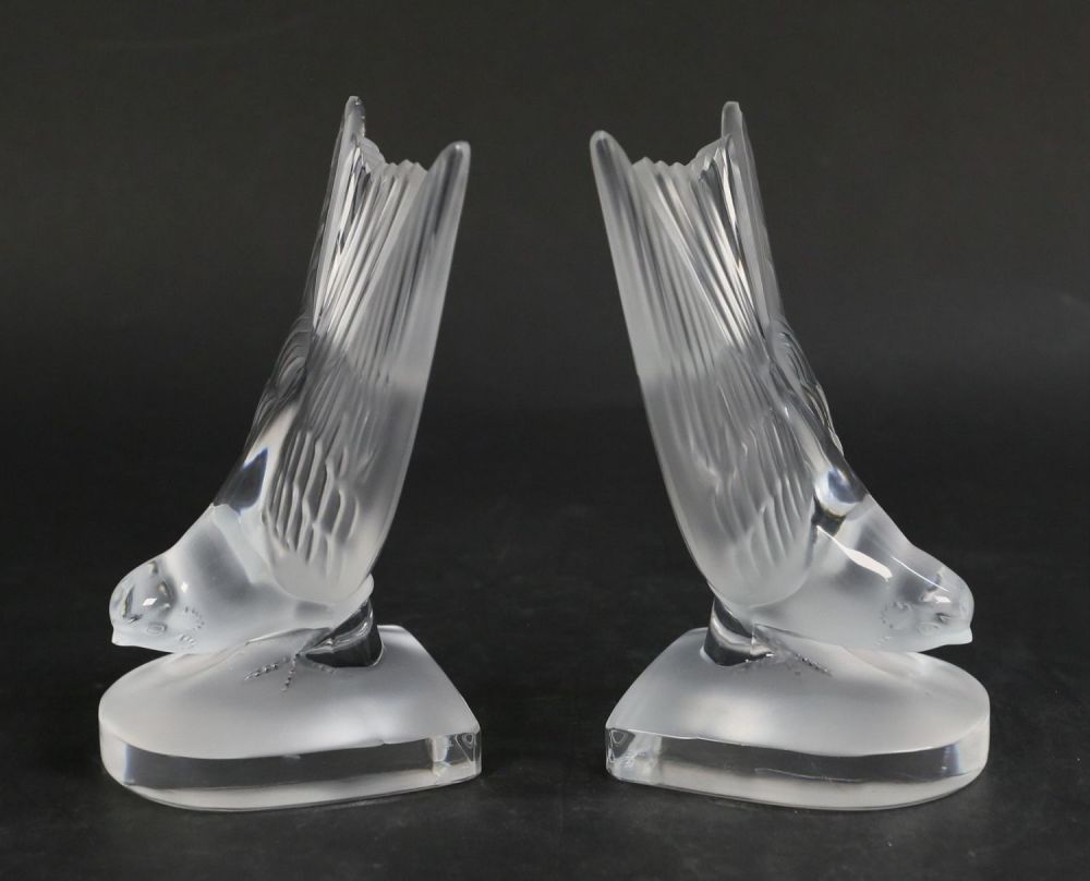 Lot 366: Pair of Signed Lalique Hirondelle Bookends