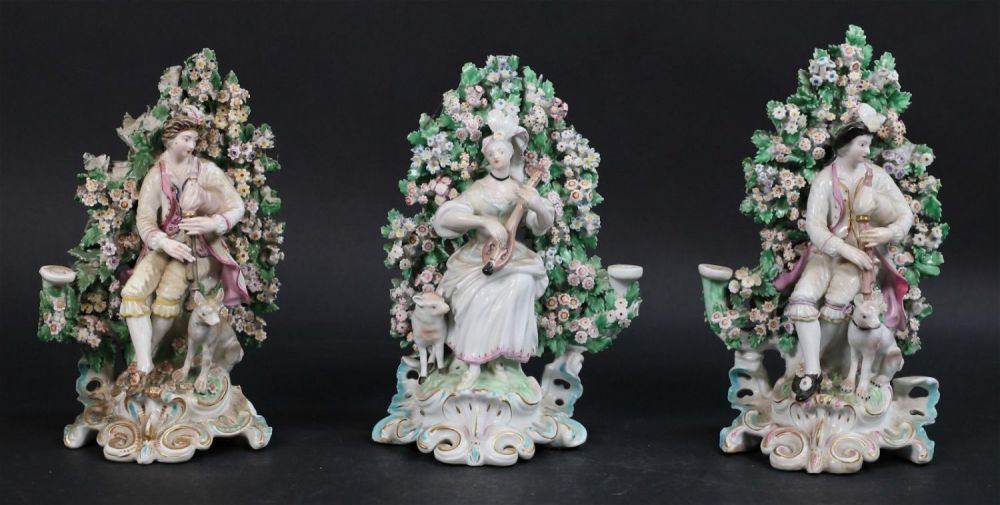 Lot 175: 3 Chelsea Style Bocage Porcelain Candlesticks