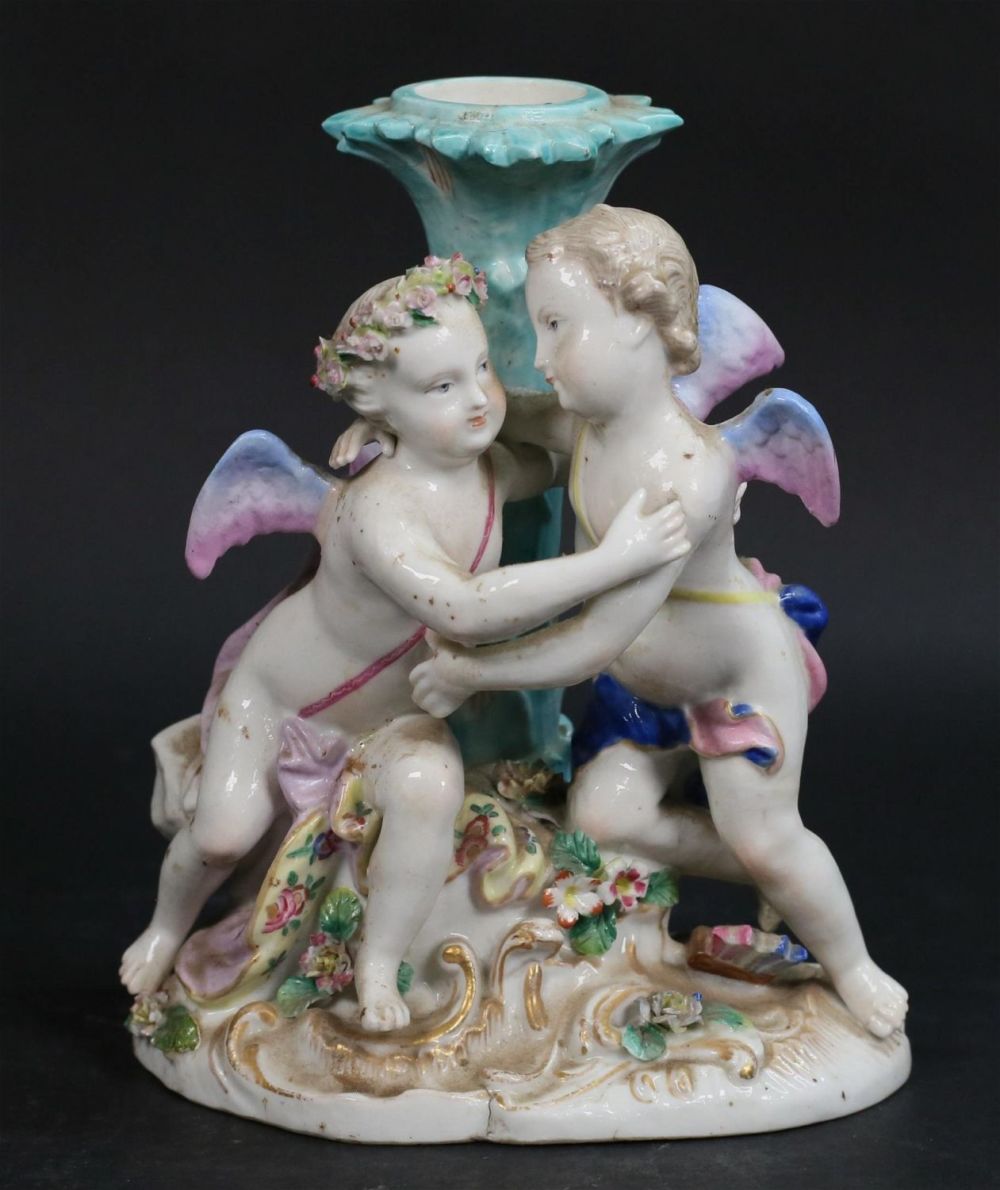 Lot 181: Marked Meissen Cupid & Psyche Candlestick