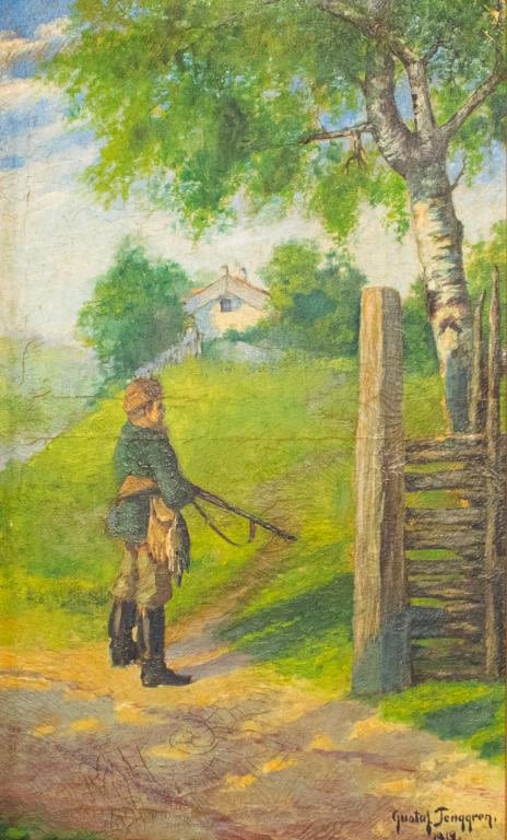 Lot 160: Gustaf Tenggren Oil on Canvas Man With Rifle
