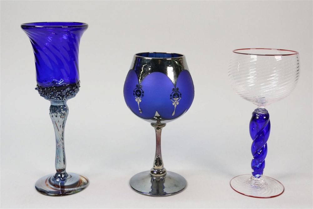 Lot 186: 3 Pieces Cobalt Art Glass Stemware