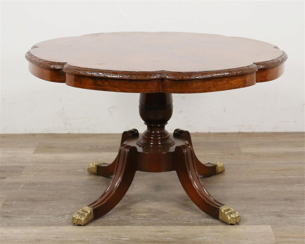 Lot 253: English Regency Style Burl Cocktail Table