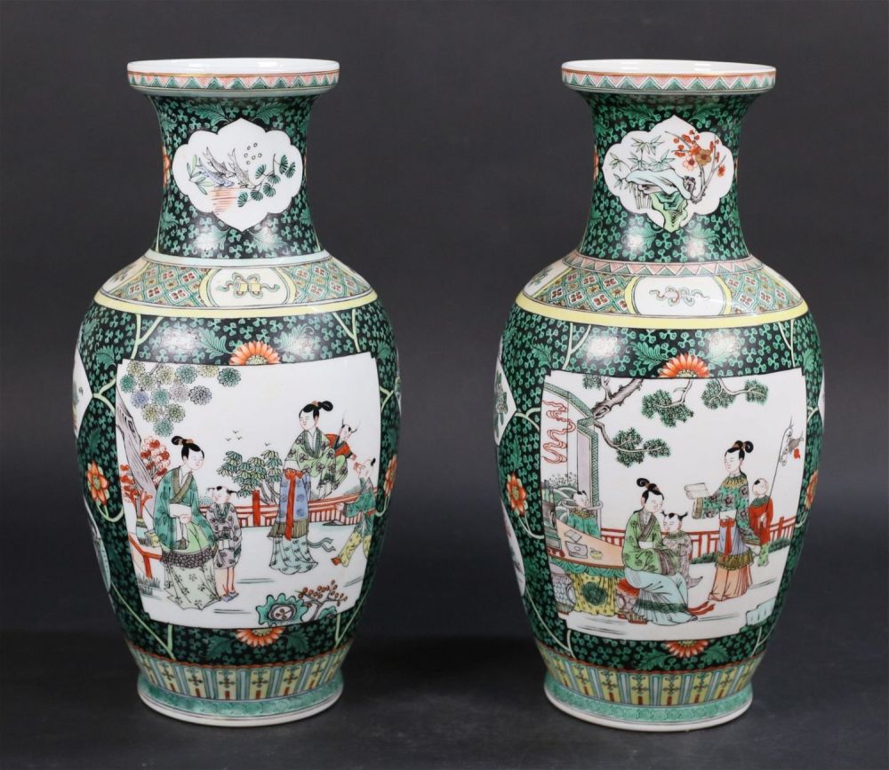 Lot 213: Pair of Chinese Famille Verte Porcelain Vases