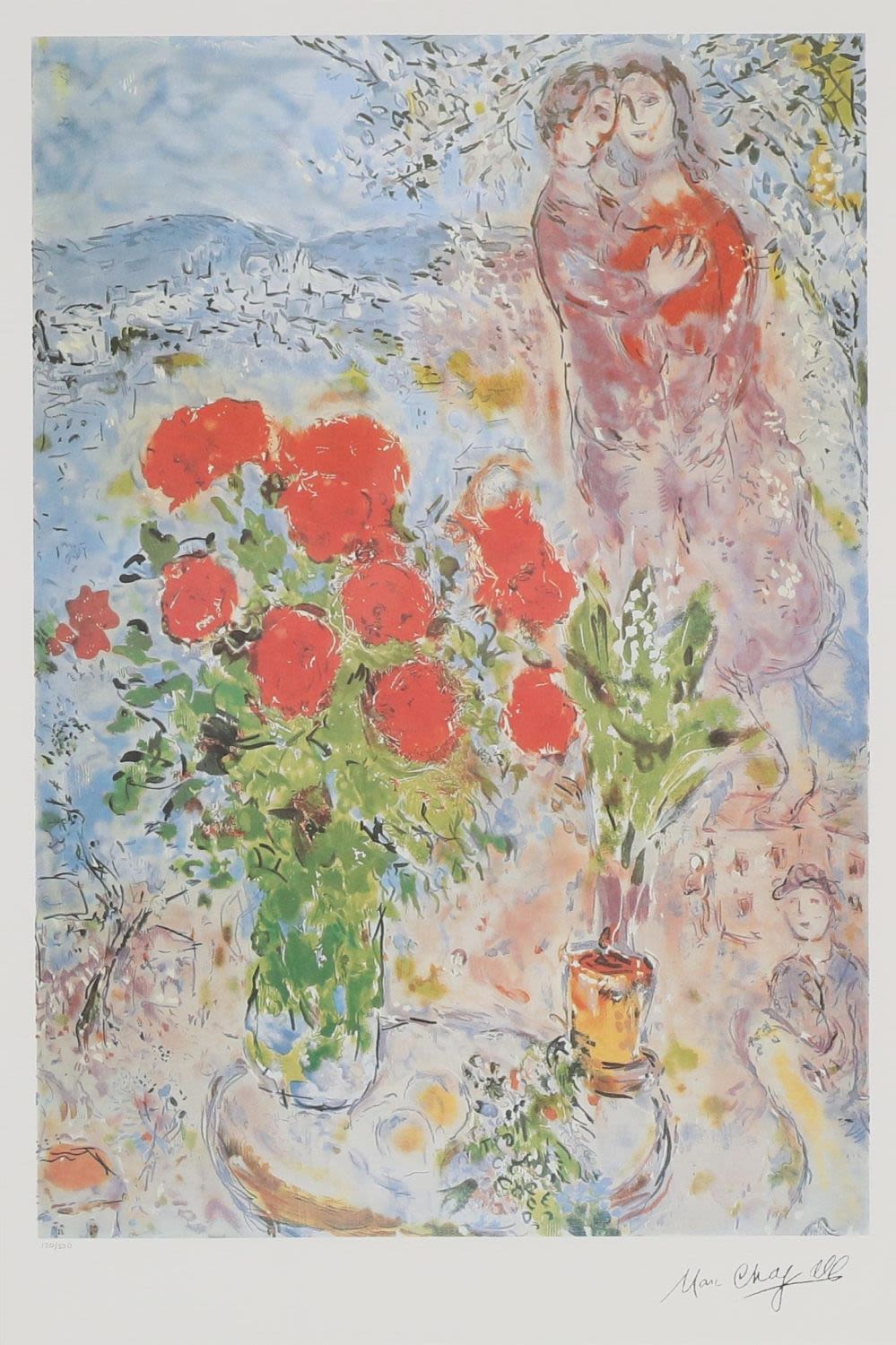 Lot 259: After Marc Chagall Print Red Bouquet With Lovers