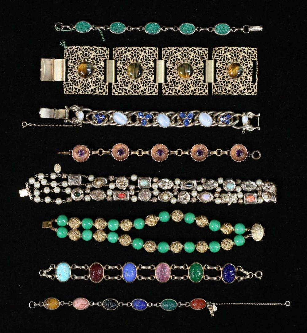 Lot 246: Grouping of Glass and Stone Costume Bracelets