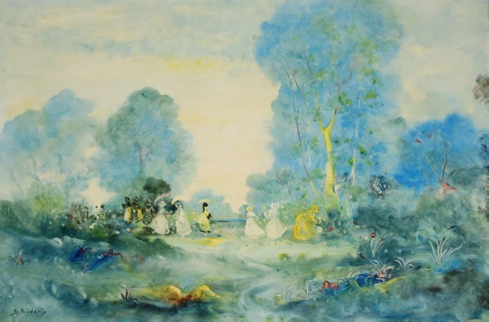 Lot 201: Stefanos Sideris Oil on Canvas Park Landscape