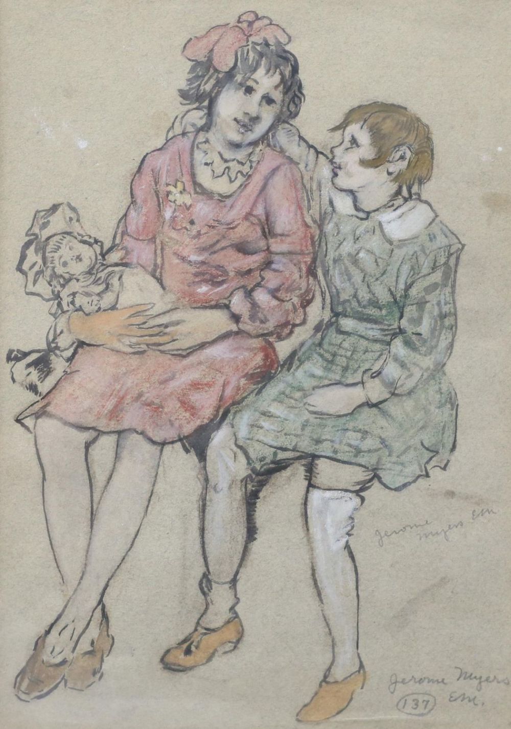 Lot 210: Jerome Myers Watercolor Young Friends