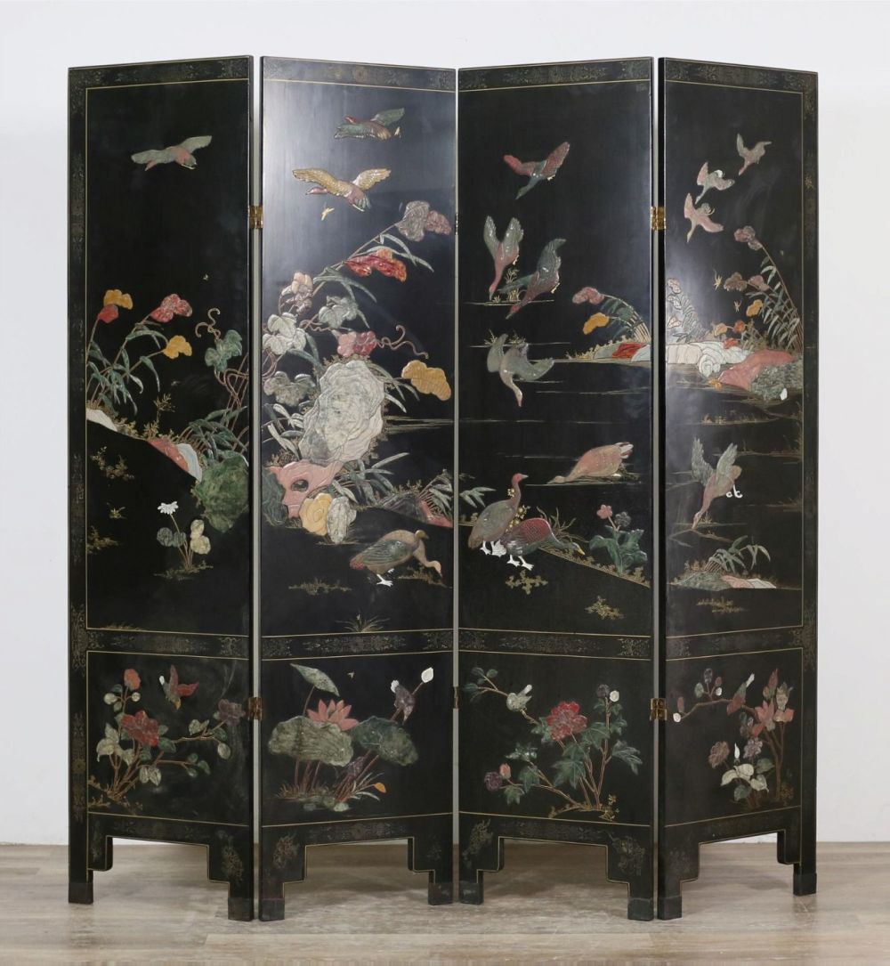 Lot 244: Chinese Lacquered Hardstone Inlaid Folding Screen