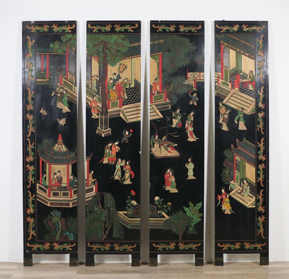 Lot 245: Chinese Lacquered Figural Folding Screen