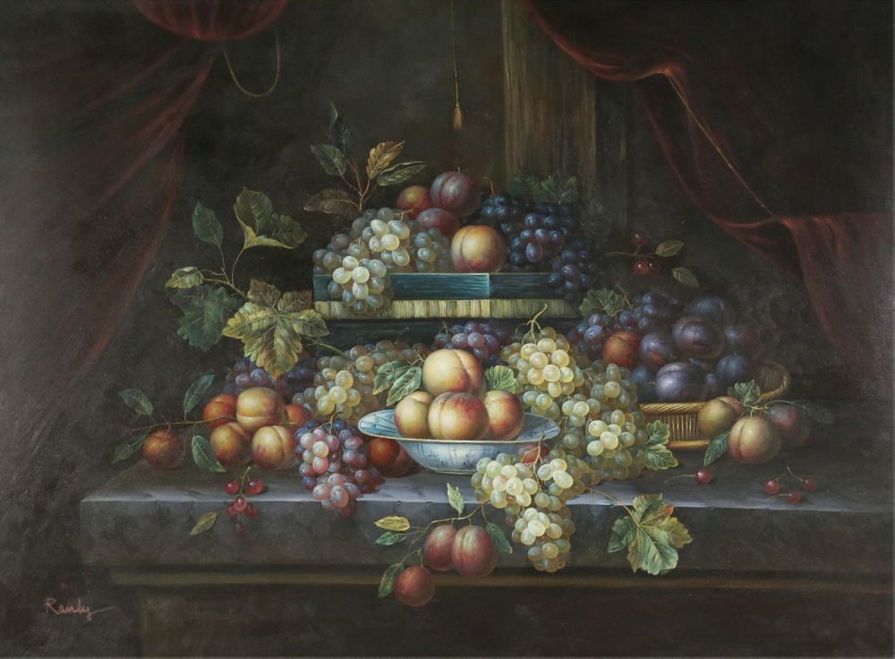 Lot 272: Signed Randy Oil on Canvas Still Life With Fruit