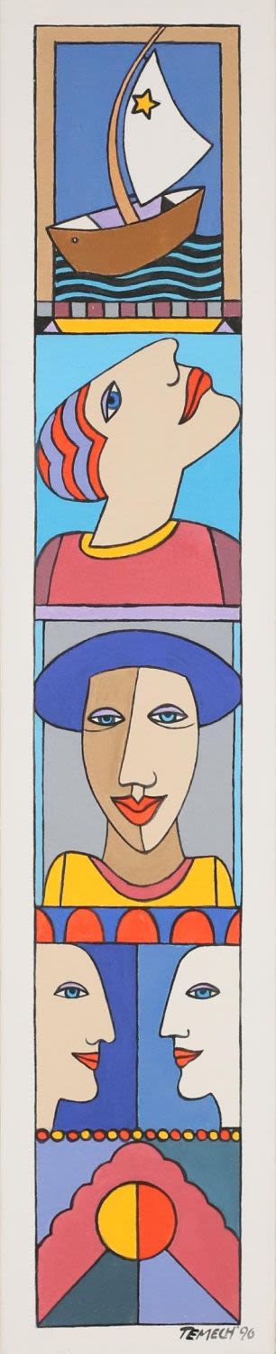 Lot 284: Gunther Temech Oil on Canvas Faces With Sailboat