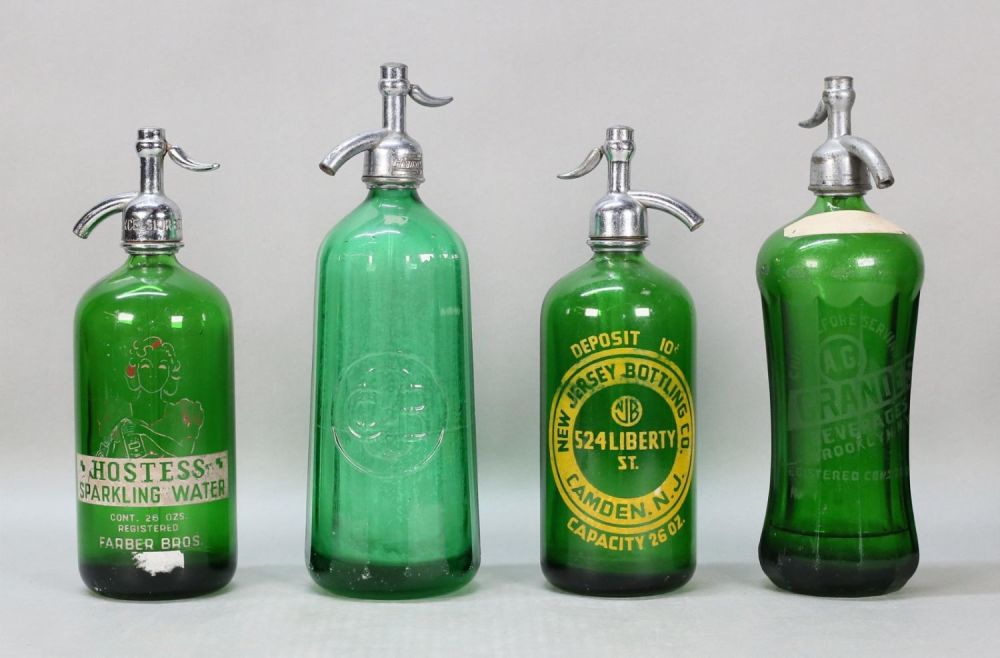Lot 327: 4 Vintage Green Glass Seltzer Bottles