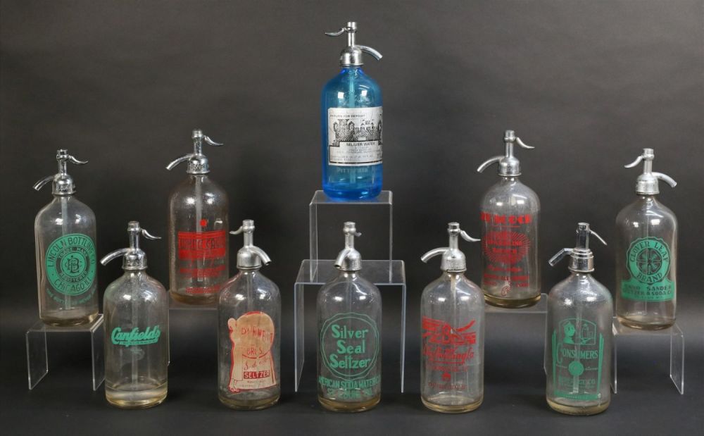 Lot 328: 10 Vintage Glass Seltzer Bottles Chicago, St Louis