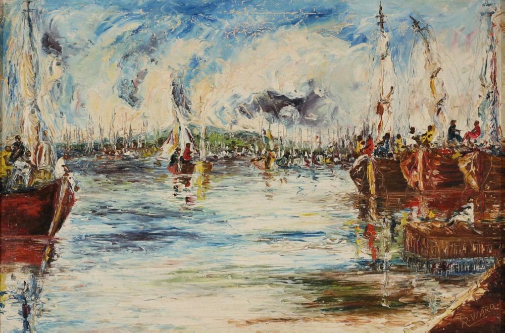 Lot 335: Raoul Viard Oil on Canvas Harbor Scene