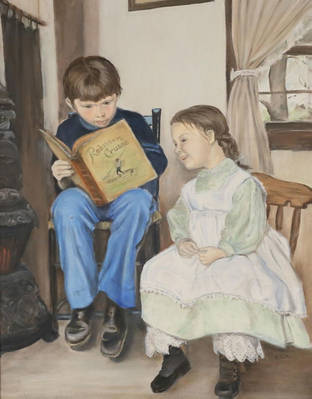 Lot 341: Signed Verda Oil on Canvas Children Reading