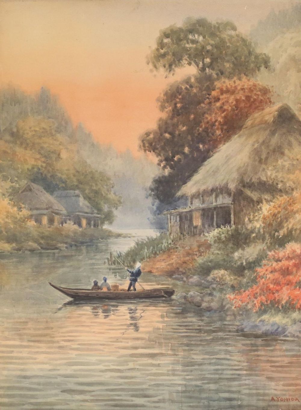 Lot 350: Signed Yohida Watercolor River Landscape