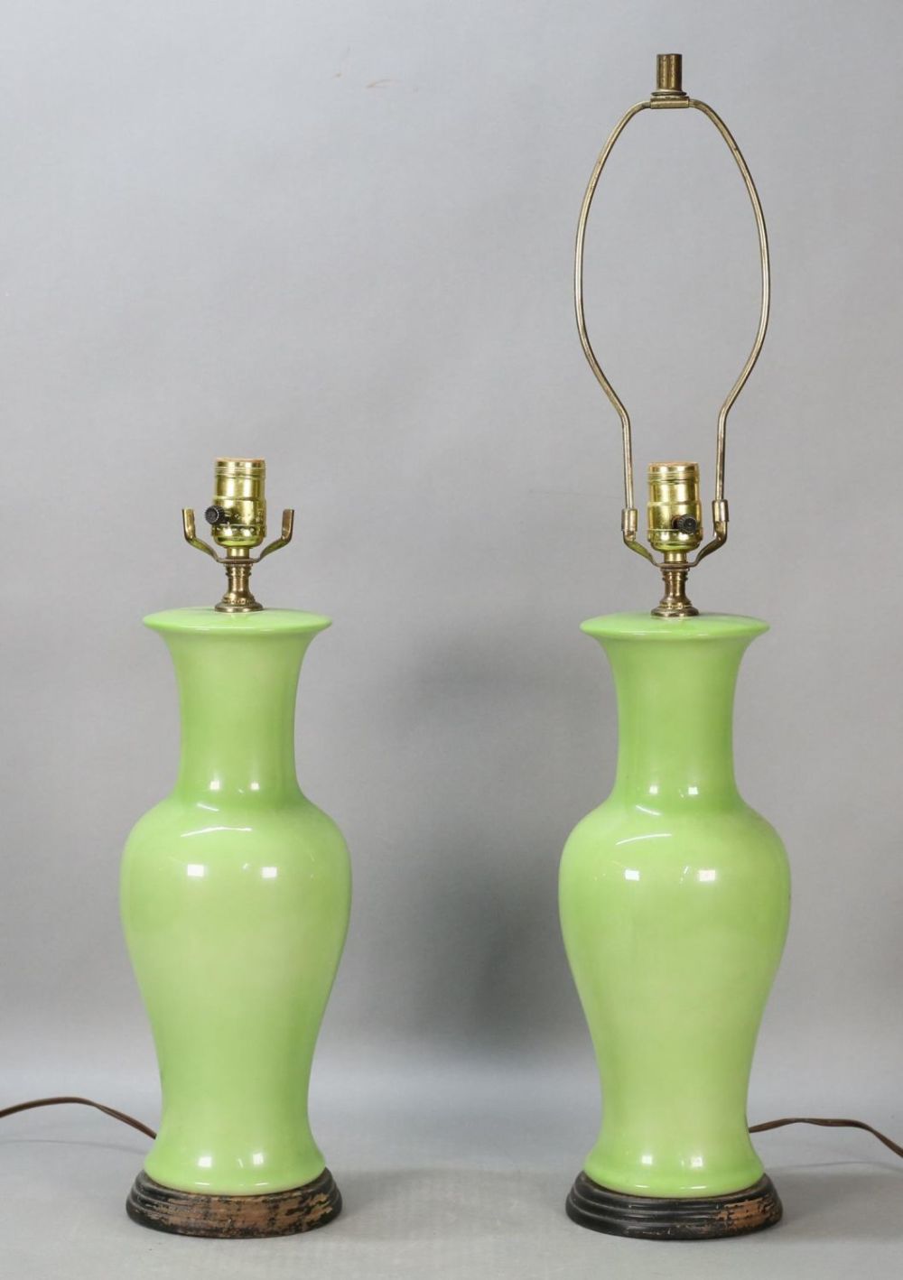 Lot 422: Pair of Green Glazed Porcelain Vase Form Lamps