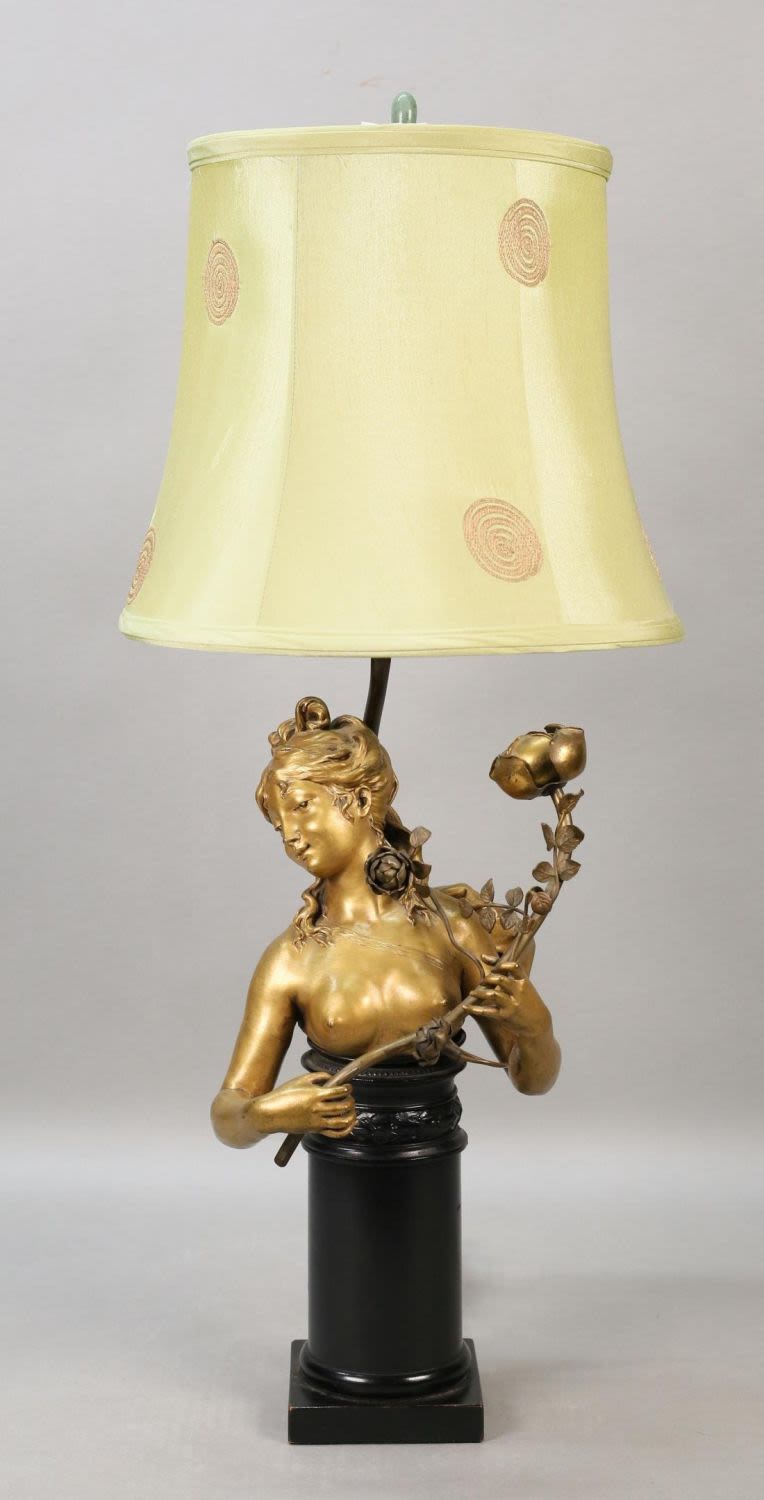Lot 425: Gilt Bronze Lamp Nude Bust of a Woman