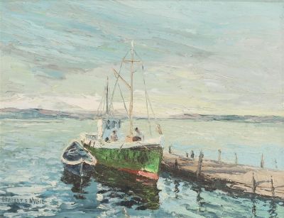 Lot 1 - Herbert S. Wyllie Oil on Board Boat at Dock