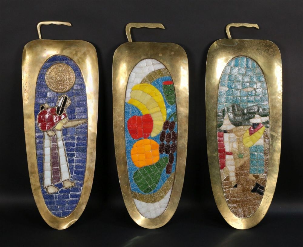 Lot 166: 3 Salvador Teran Brass & Glass Mosaic Trays