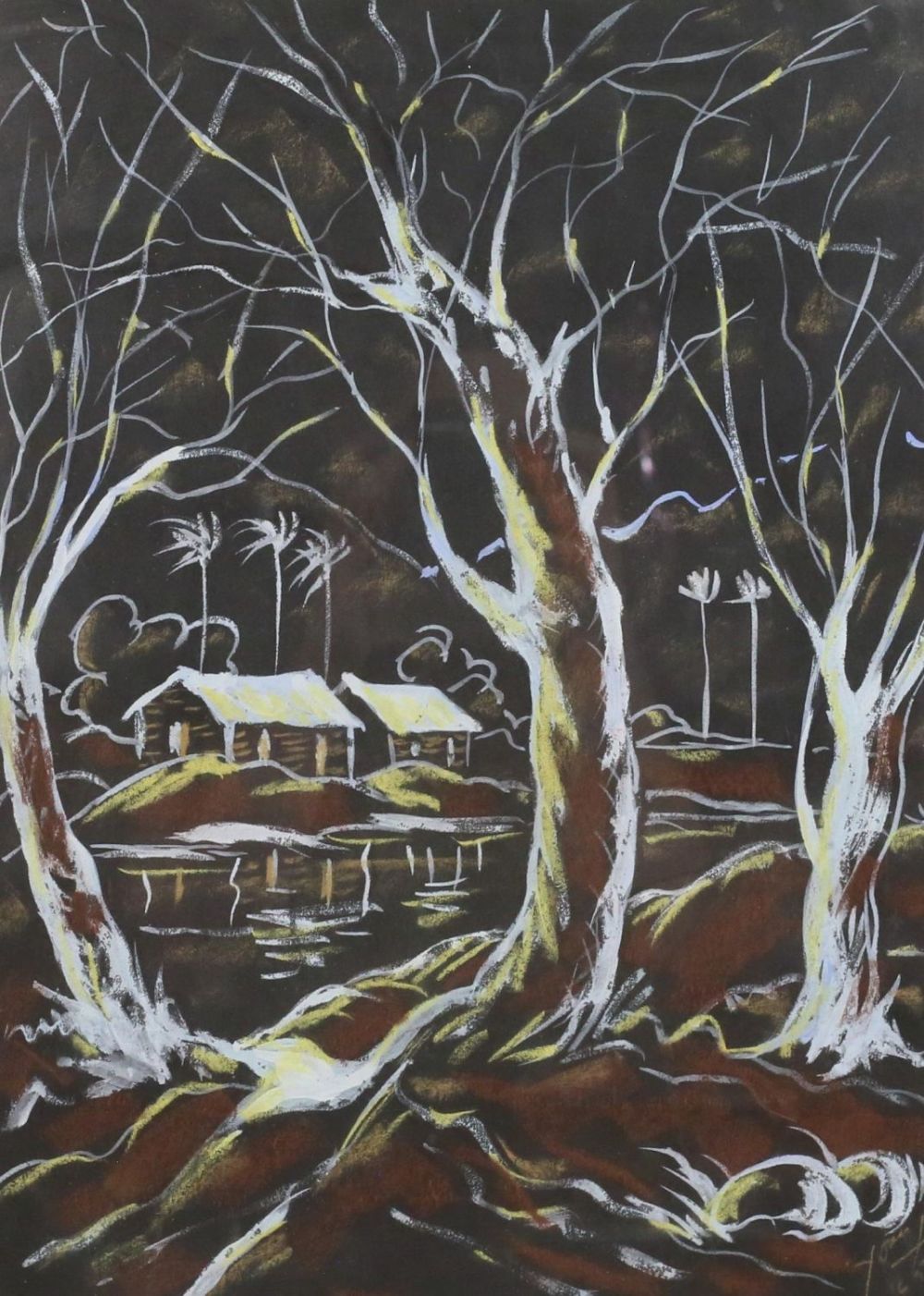 Lot 183: Pastel on Paper Houses in Wooded Landscape