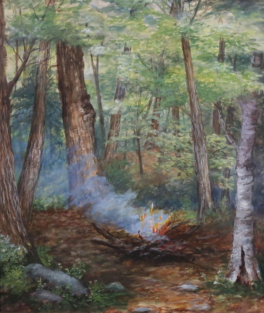 Lot 190: Signed Watercolor Campfire in Wooded Landscape