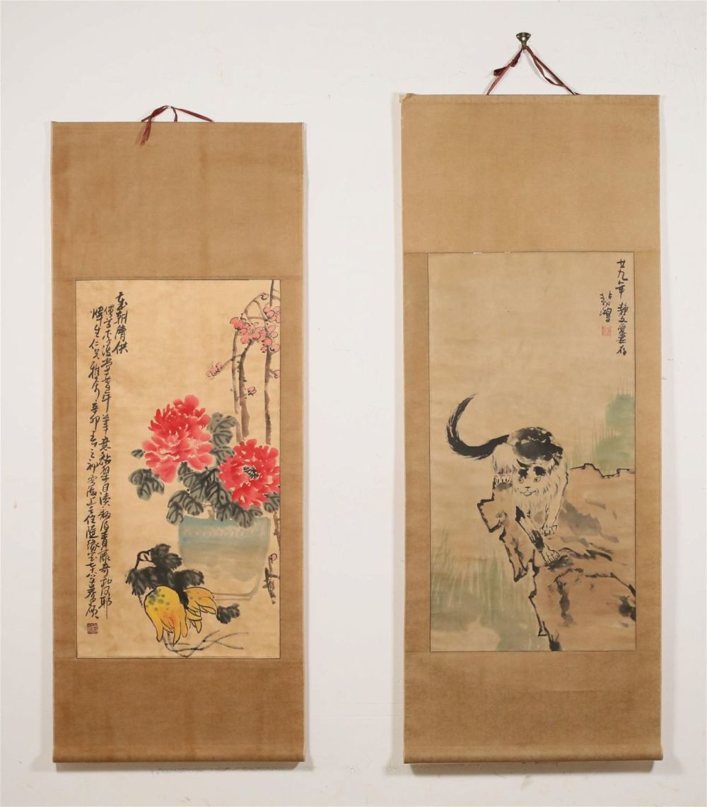 Lot 196: 2 Hand Painted Chinese Scrolls Cat & Flowers
