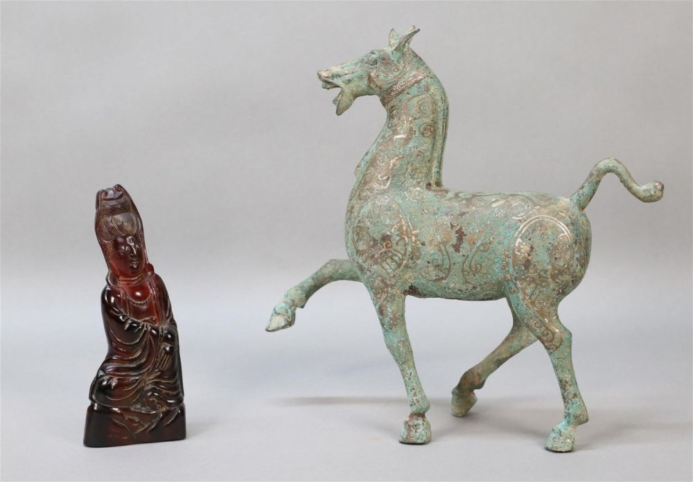 Lot 202: Chinese Carved Quan Yin and Metal Tang Horse