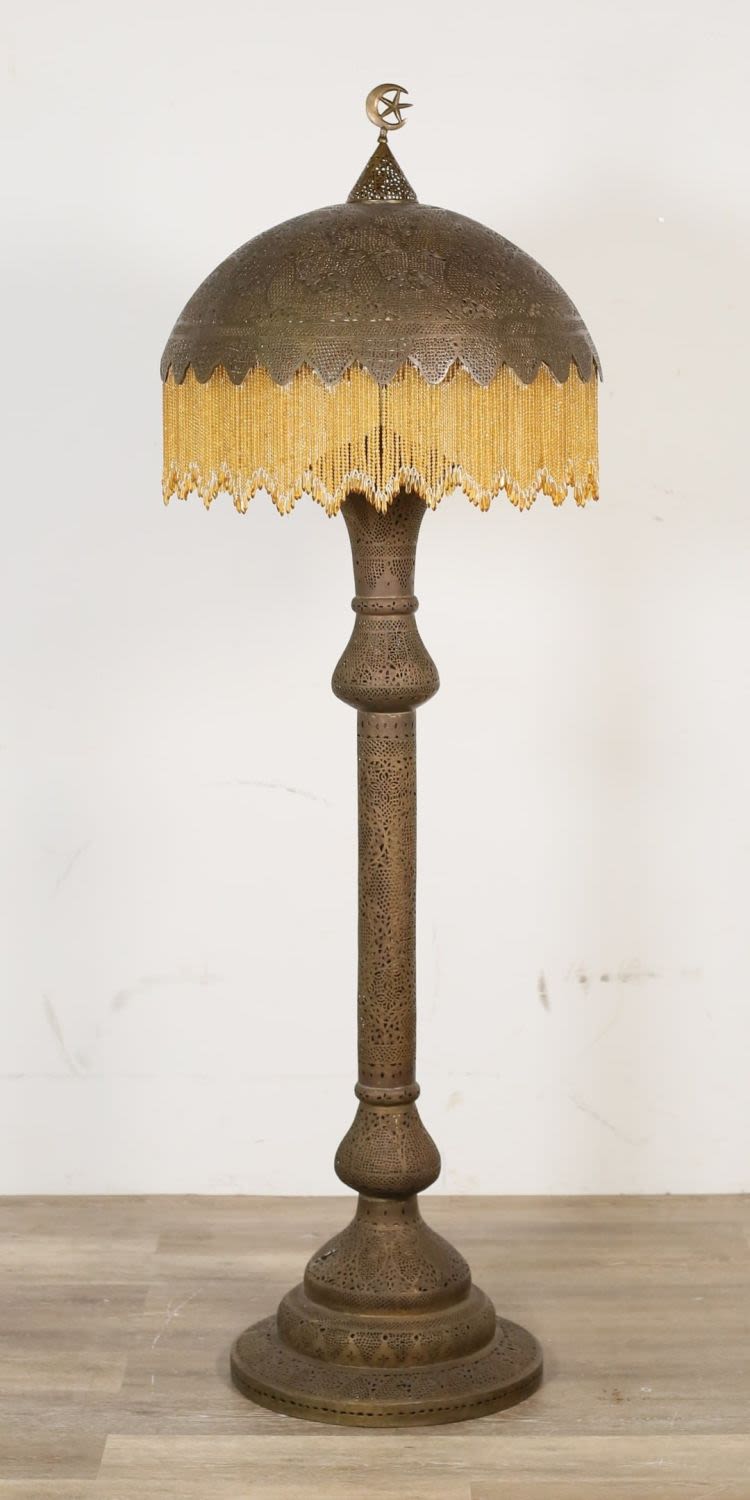 Lot 205: Syrian Moorish Style Reticulated Brass Floor Lamp