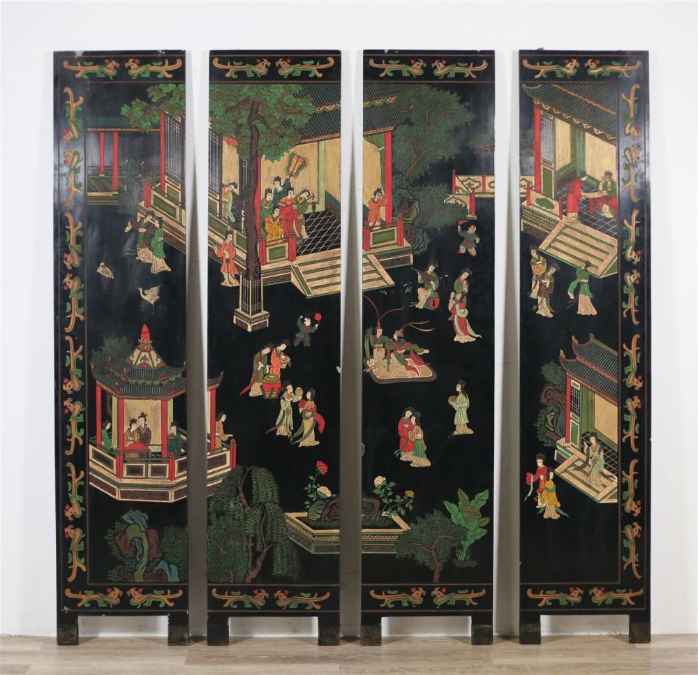 Lot 224: Chinese Lacquered Figural Folding Screen