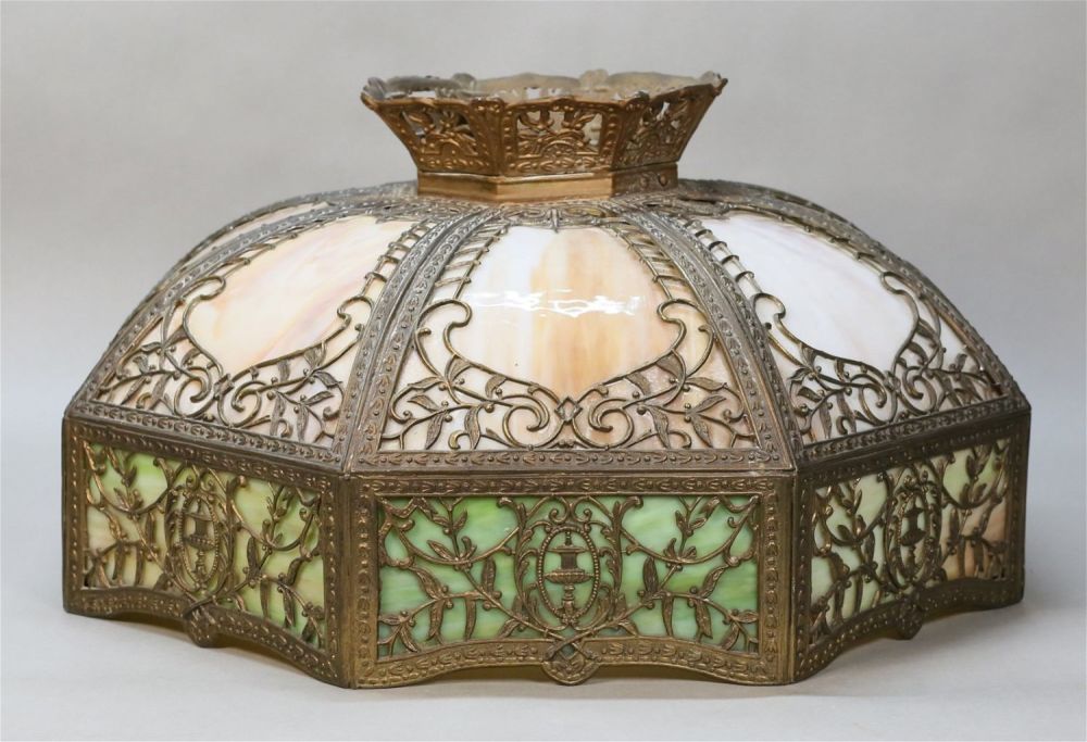 Lot 252: Octagonal Filigree Slag Glass Hanging Lamp