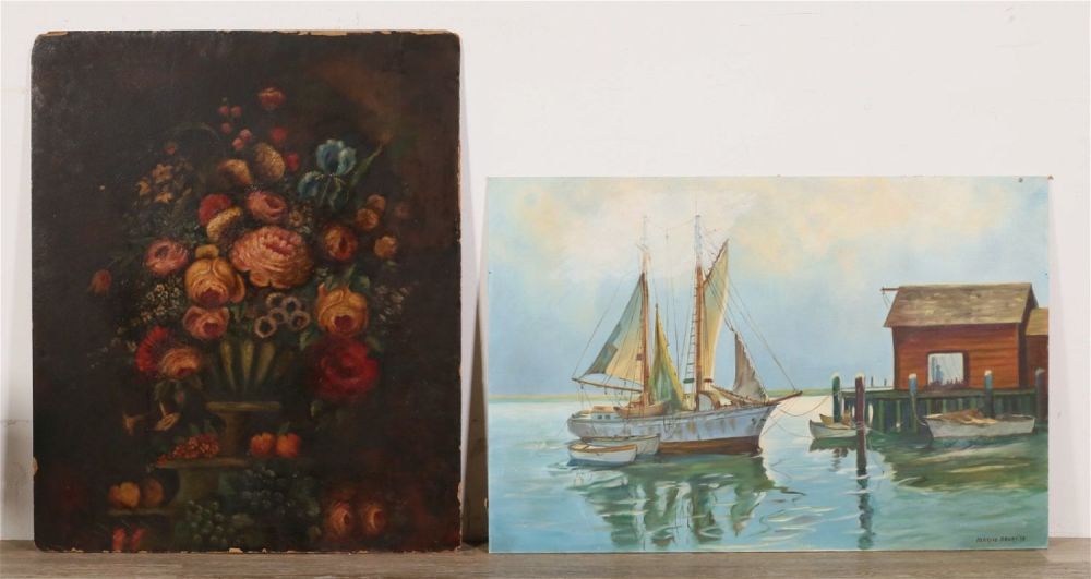 Lot 349: 2 Oils on Board Still Life & Boat at Dock
