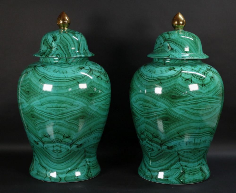 Lot 354: Pair of Faux Malachite Porcelain Temple Jars