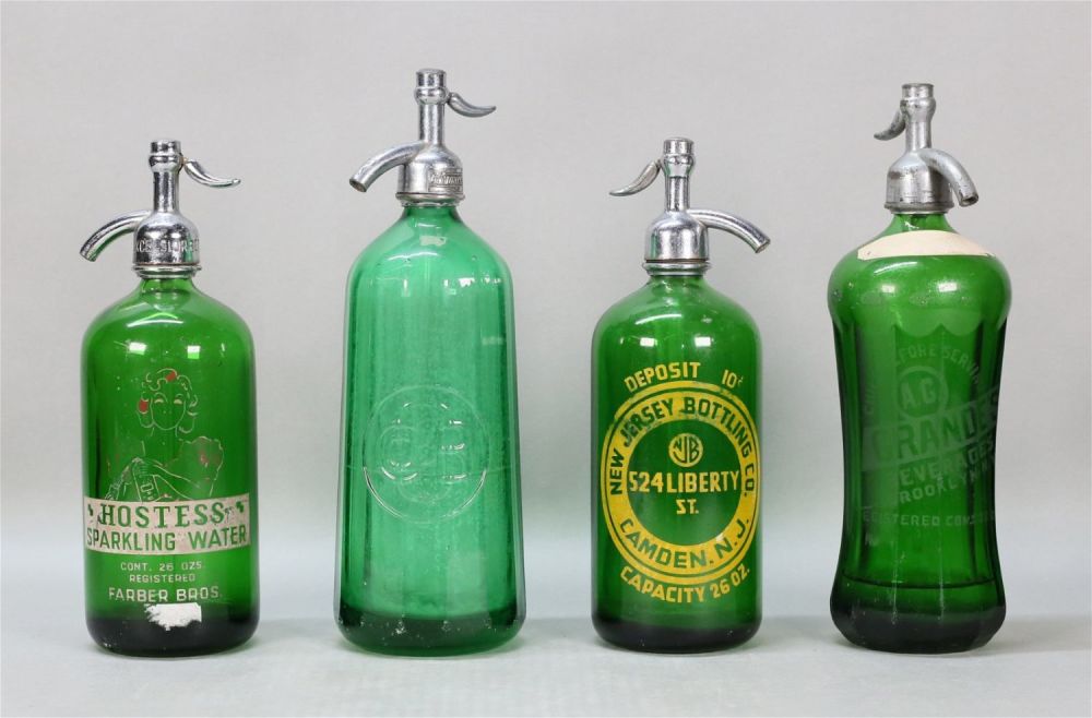 Lot 363: 4 Vintage Green Glass Seltzer Bottles