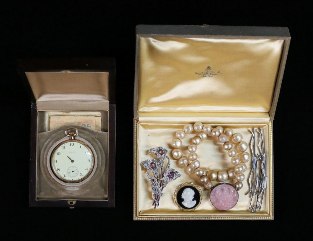 Lot 368: Lot of Jewelry Howard Pocket Watch, Trifari Brooch