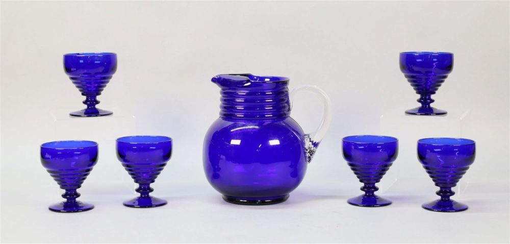 Lot 383: 7 Piece Louie Style Cobalt Glass Water Set
