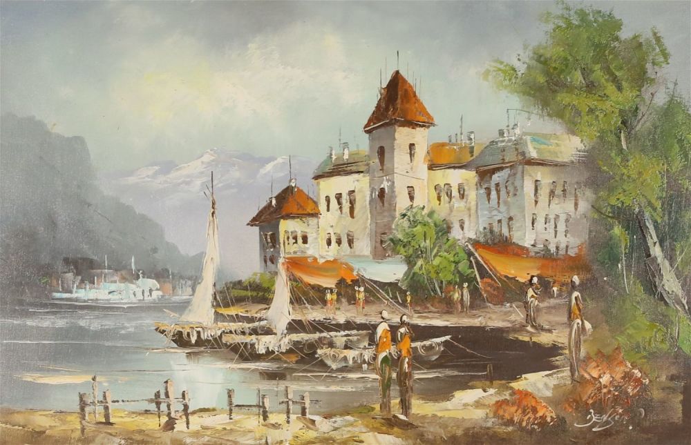 Lot 399: Signed Benson Oil on Canvas Harbor Scene