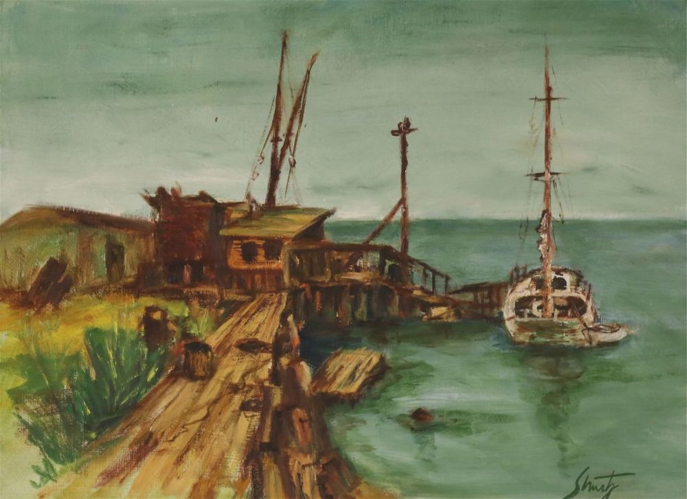 Lot 403: Signed Shurtz Oil on Board Boat at Dock
