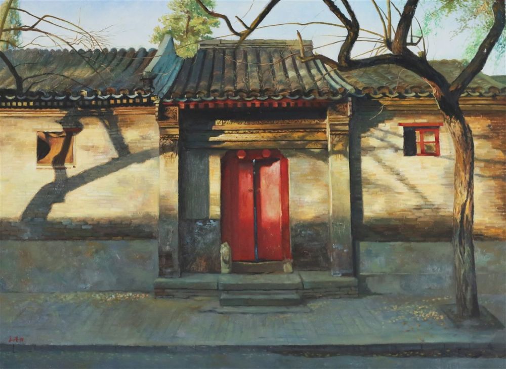 Lot 206: Chinese Oil on Canvas Temple Door