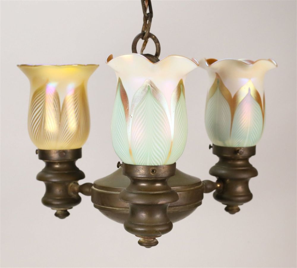 Lot 229: Brass Chandelier With Quezal Shades