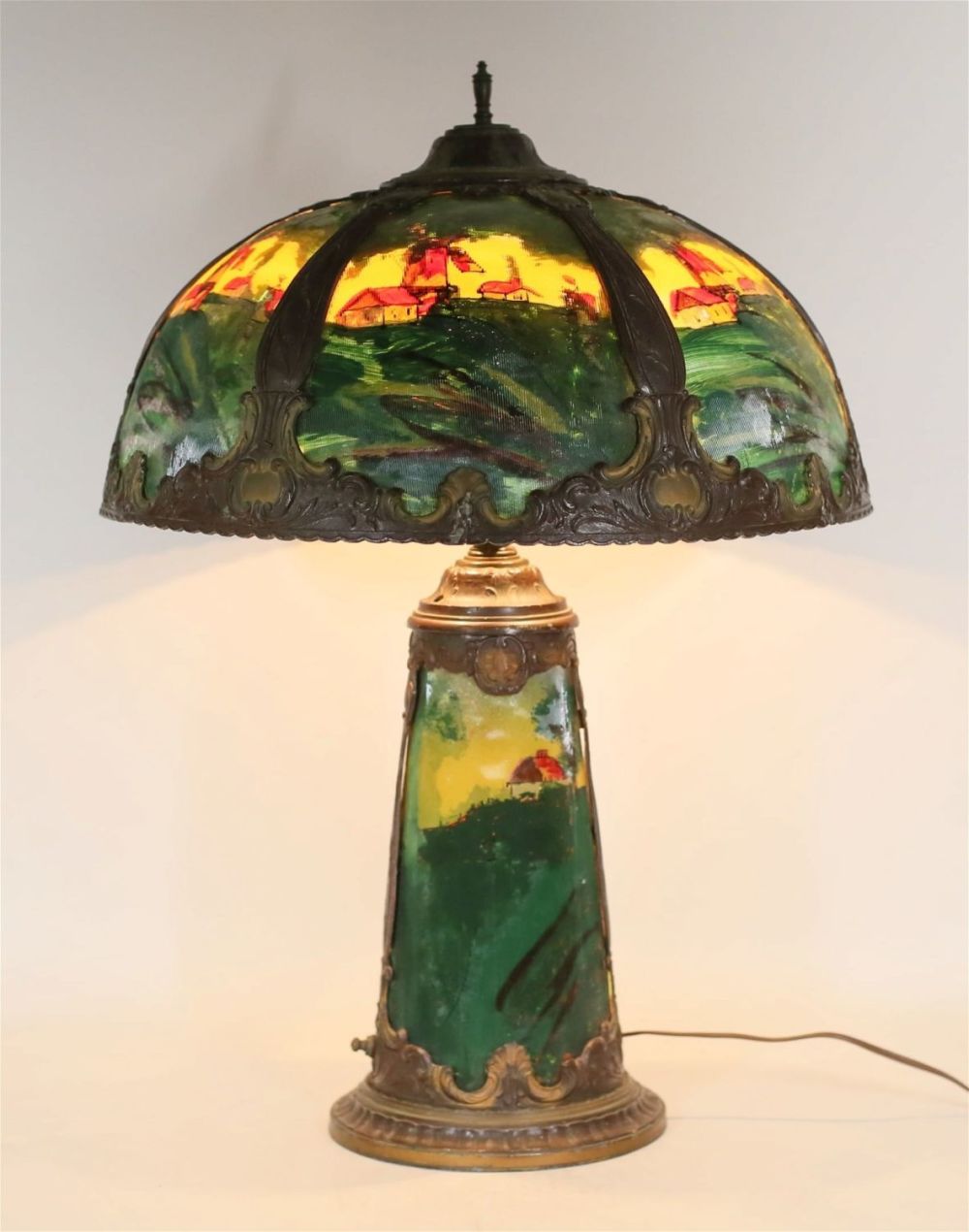 Lot 420: Reverse Painted Lamp Countryside Scene