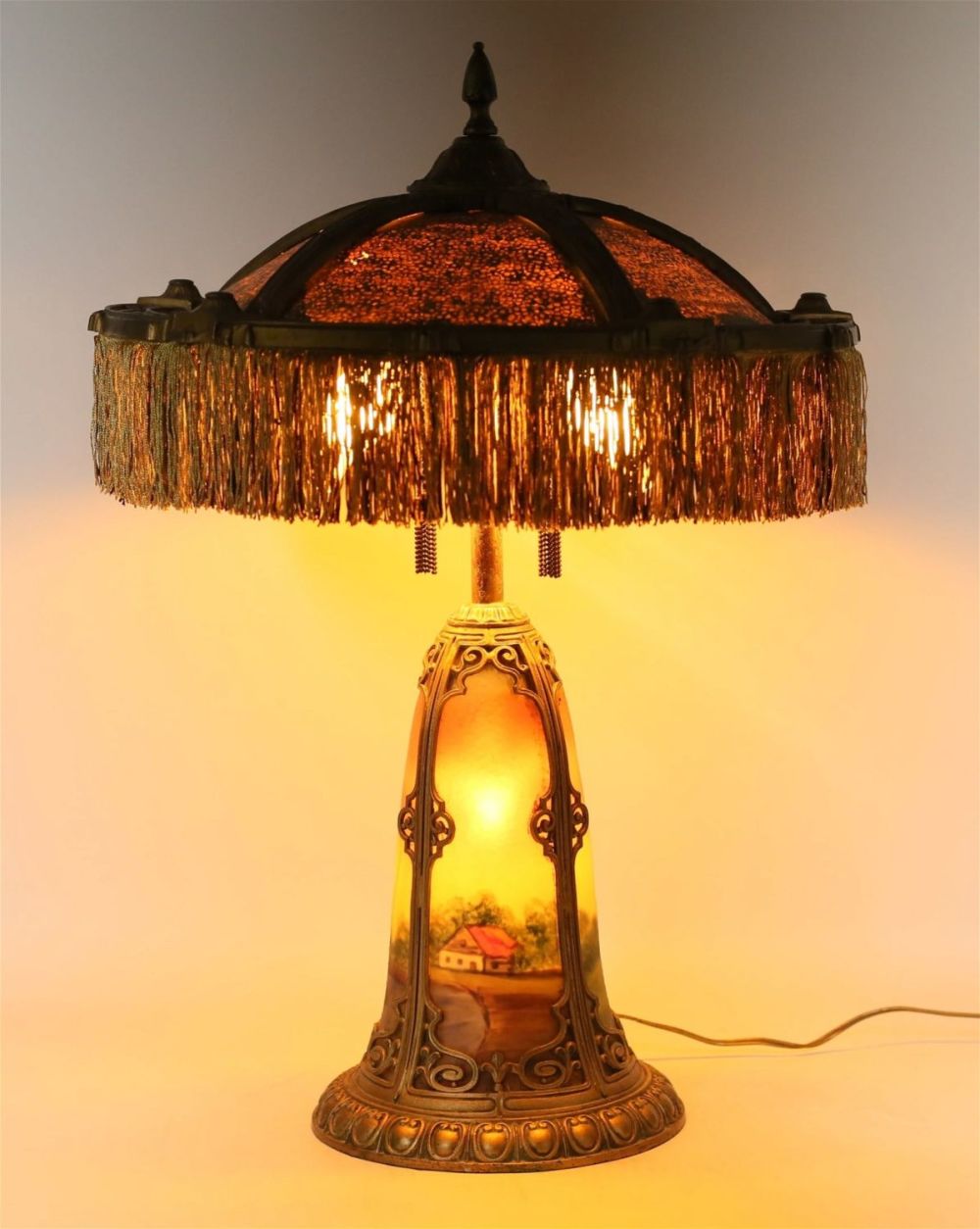 Lot 421: Reverse Painted Table Lamp Landscape Scene