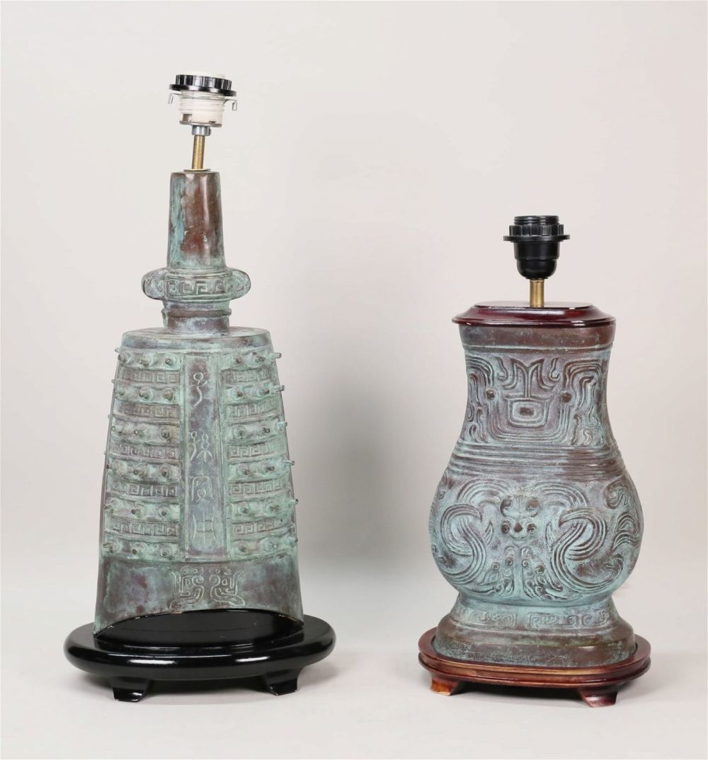 Lot 282: 2 Chinese Bronze Archaic Style Lamps