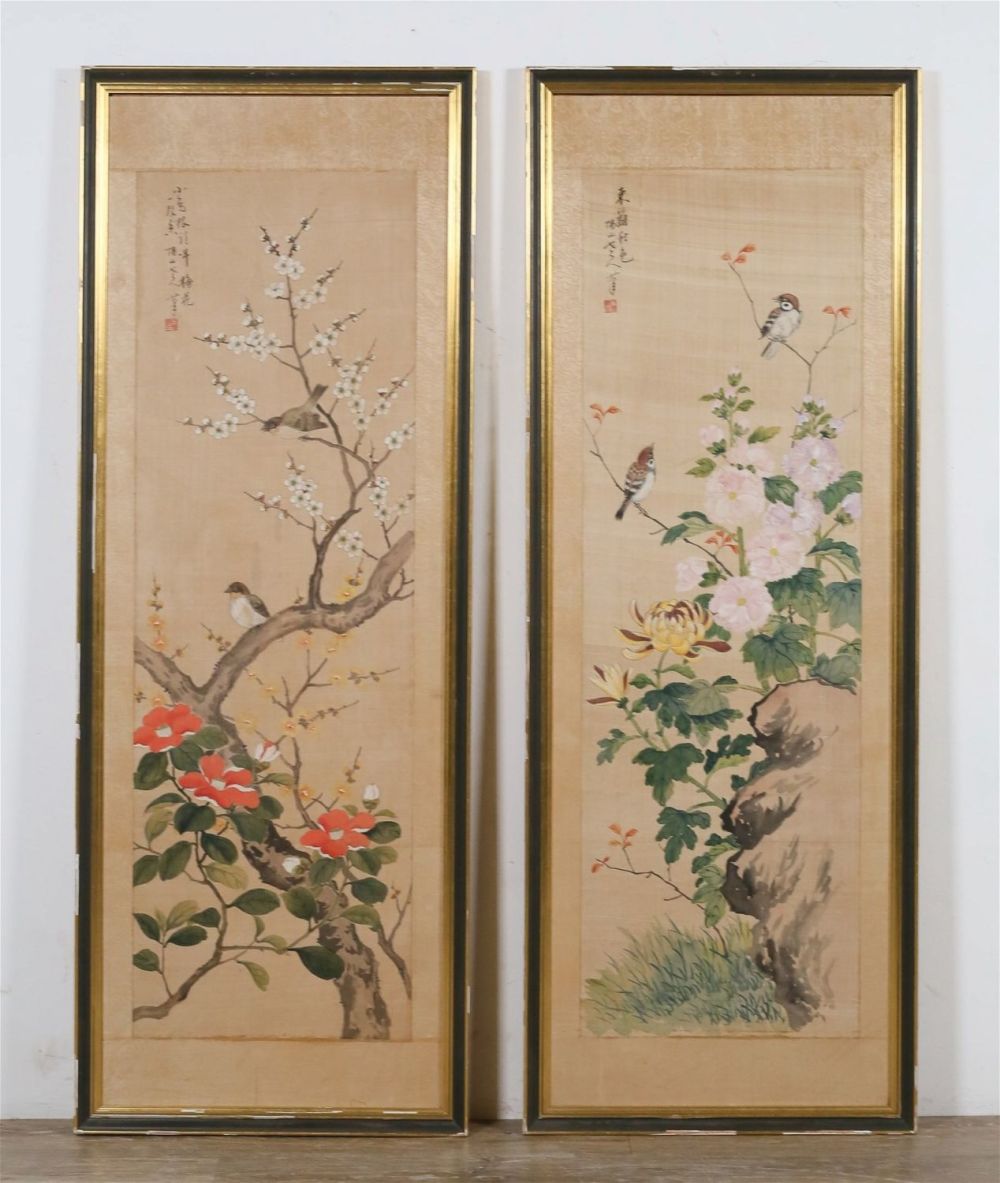 Lot 290: Pair of Chinese Paintings on Silk Birds & Flowers