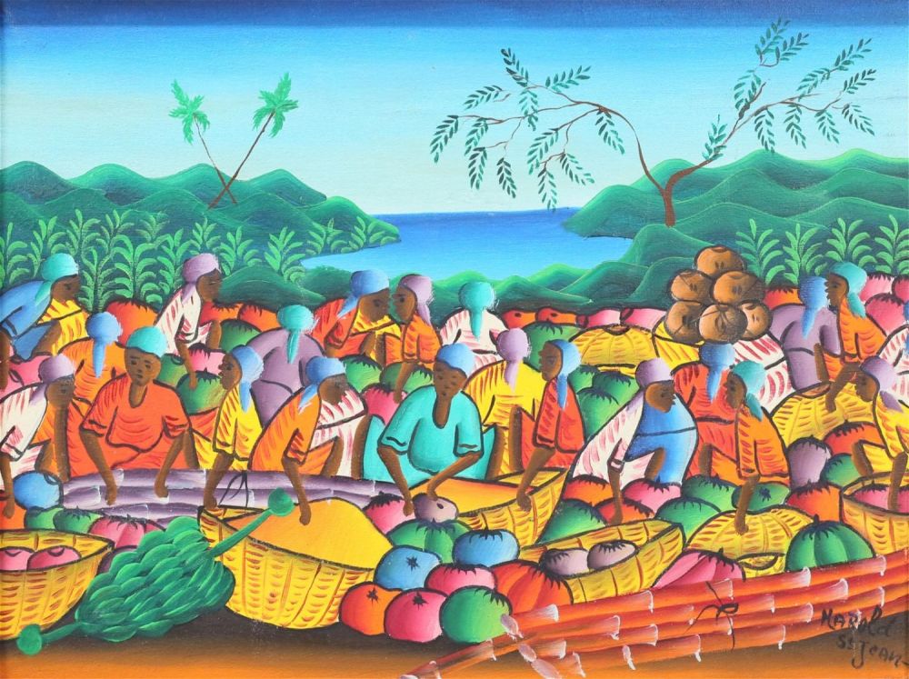 Lot 304: Harold St Jean Haitian Oil on Canvas Market